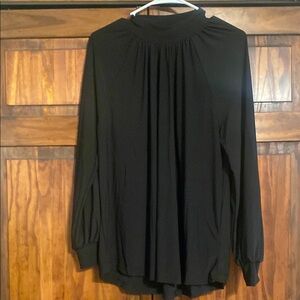 White Birch Black Pleated Long Sleeve Blouse with Mandarin Collar